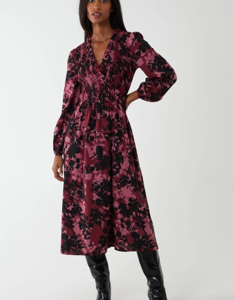 Shirred Bust Wrap Midi Dress