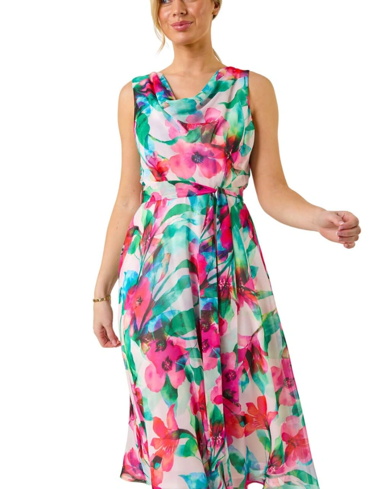 Petite Floral Cowl Neck Midi Dress