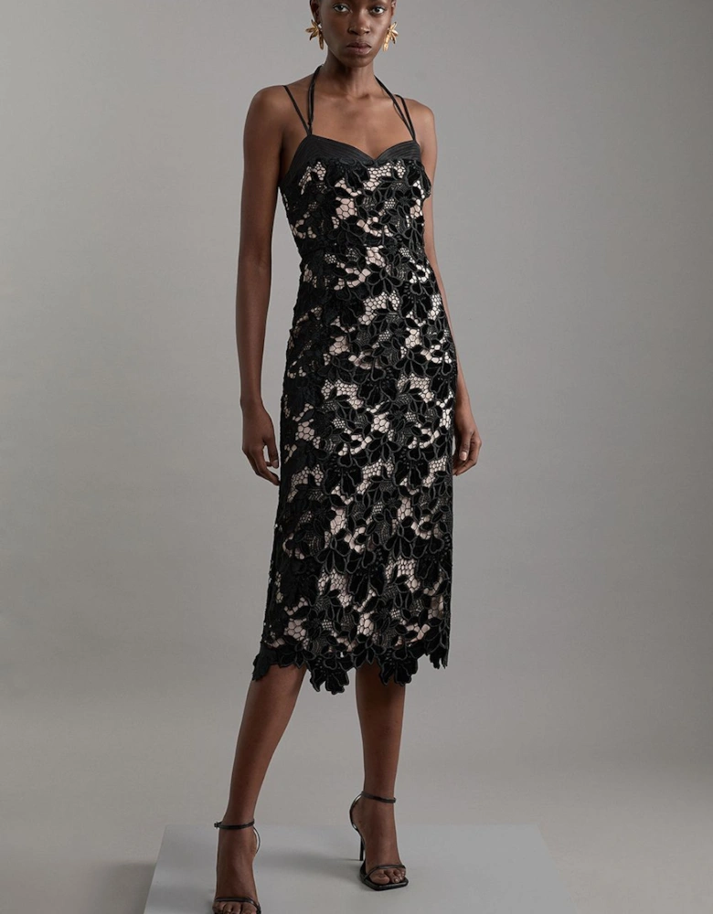 Tall Velvet Cutwork Lace Detail Strappy Midi Dress