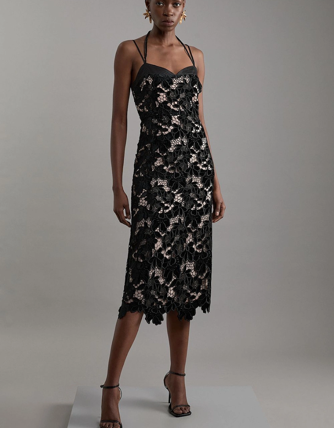 Tall Velvet Cutwork Lace Detail Strappy Midi Dress, 2 of 1