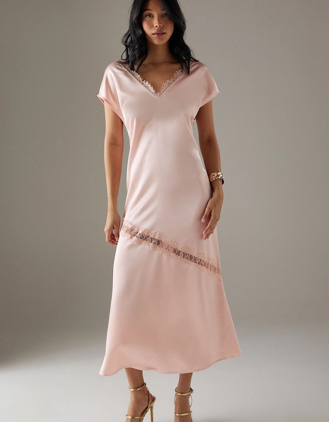 High Shine Satin Grown On Sleeve Lace Midi Tea Dress, 2 of 1