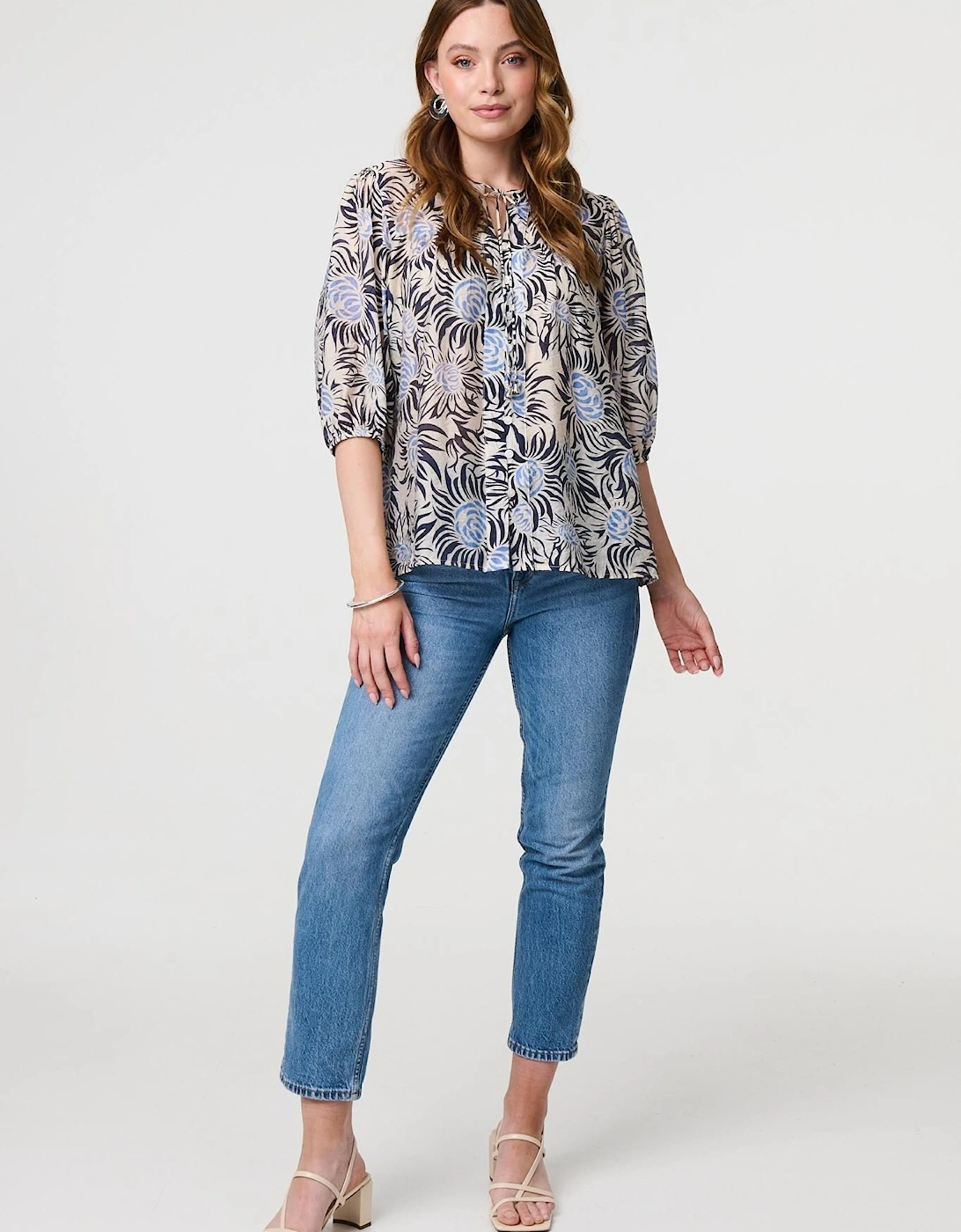 Floral 3/4 Puff Sleeve Relaxed Blouse, 2 of 1