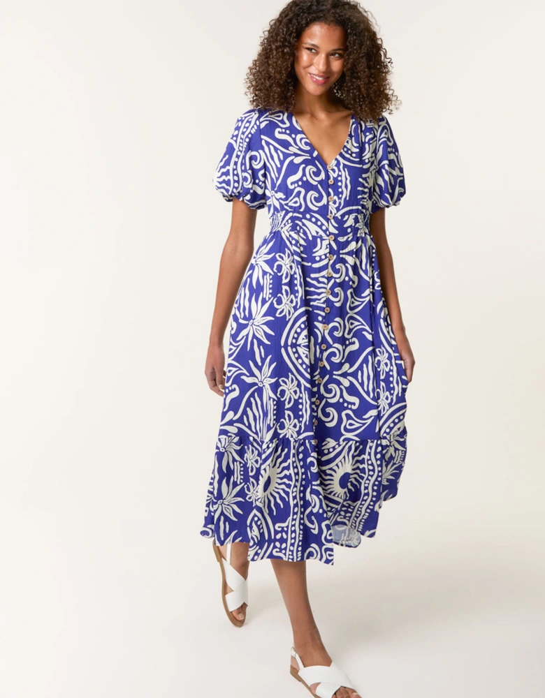 Blue Printed Puff Sleeve Shirred Waist Midi Dress