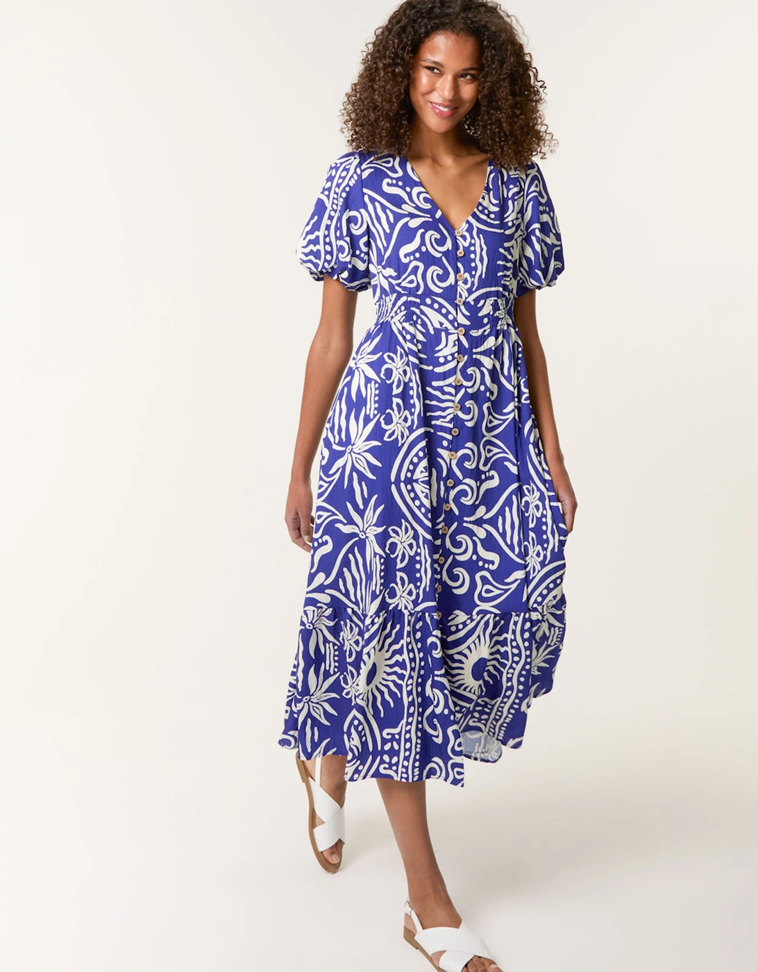 Blue Printed Puff Sleeve Shirred Waist Midi Dress, 2 of 1