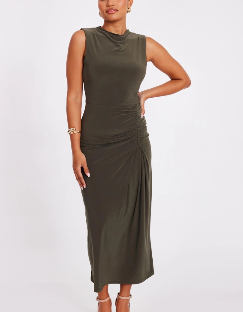 Khaki Petite Ruched Bodycon Midaxi Dress