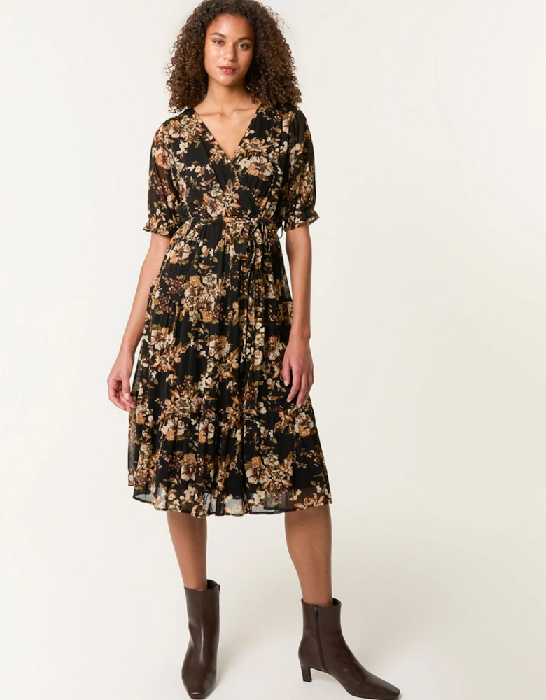 Brown Floral Mesh Wrap Front Tiered Midi Dress