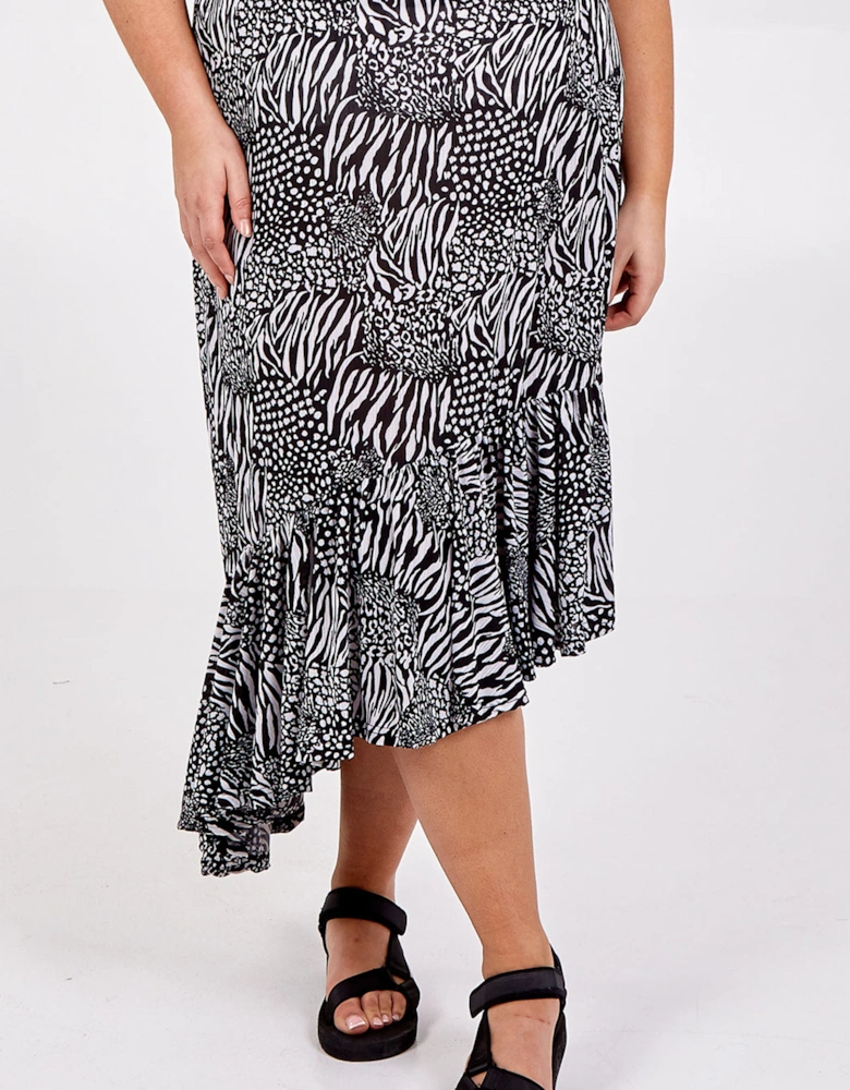 Black Curve Asymmetric Hem Tiered Midi Skirt