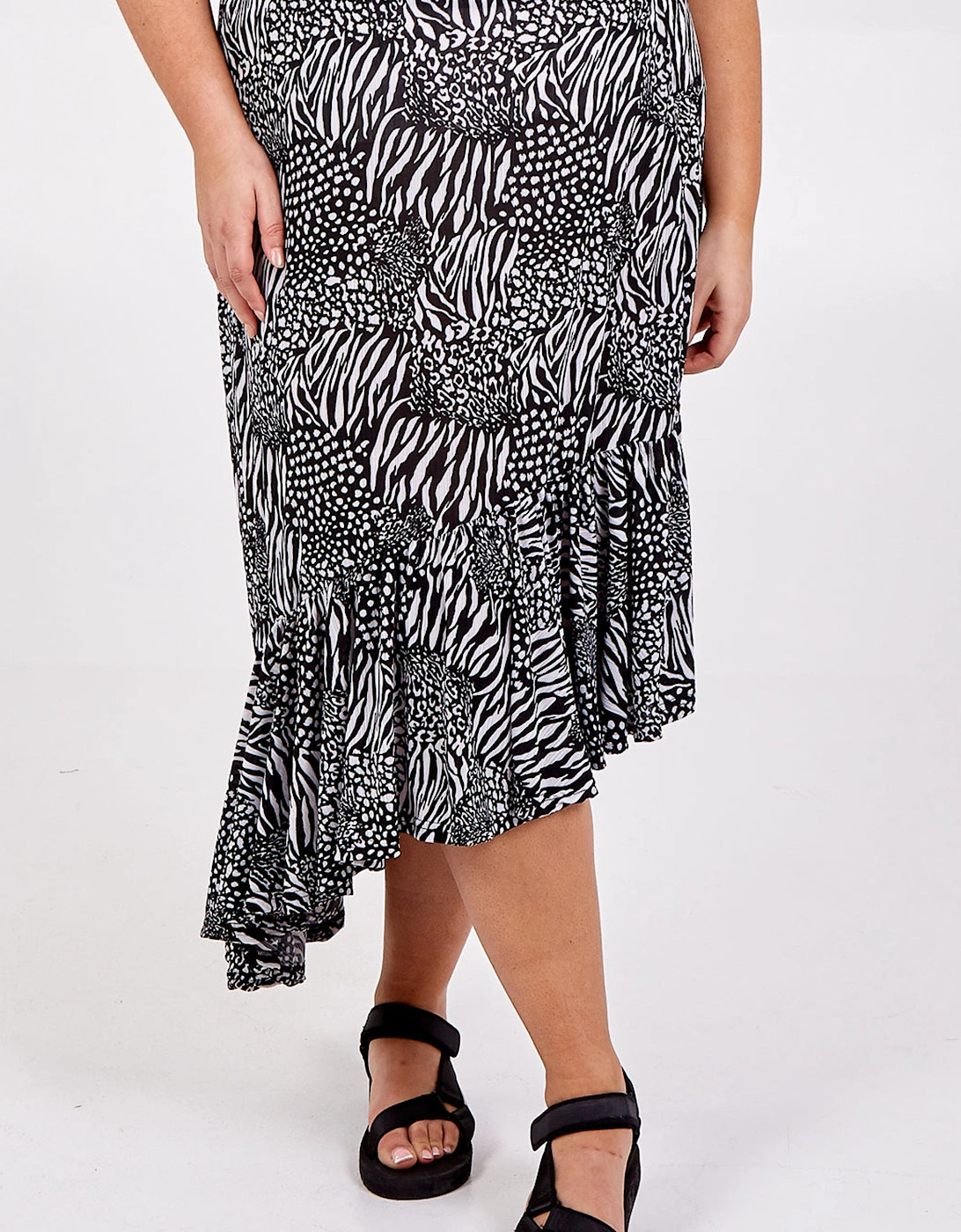 Black Curve Asymmetric Hem Tiered Midi Skirt, 2 of 1