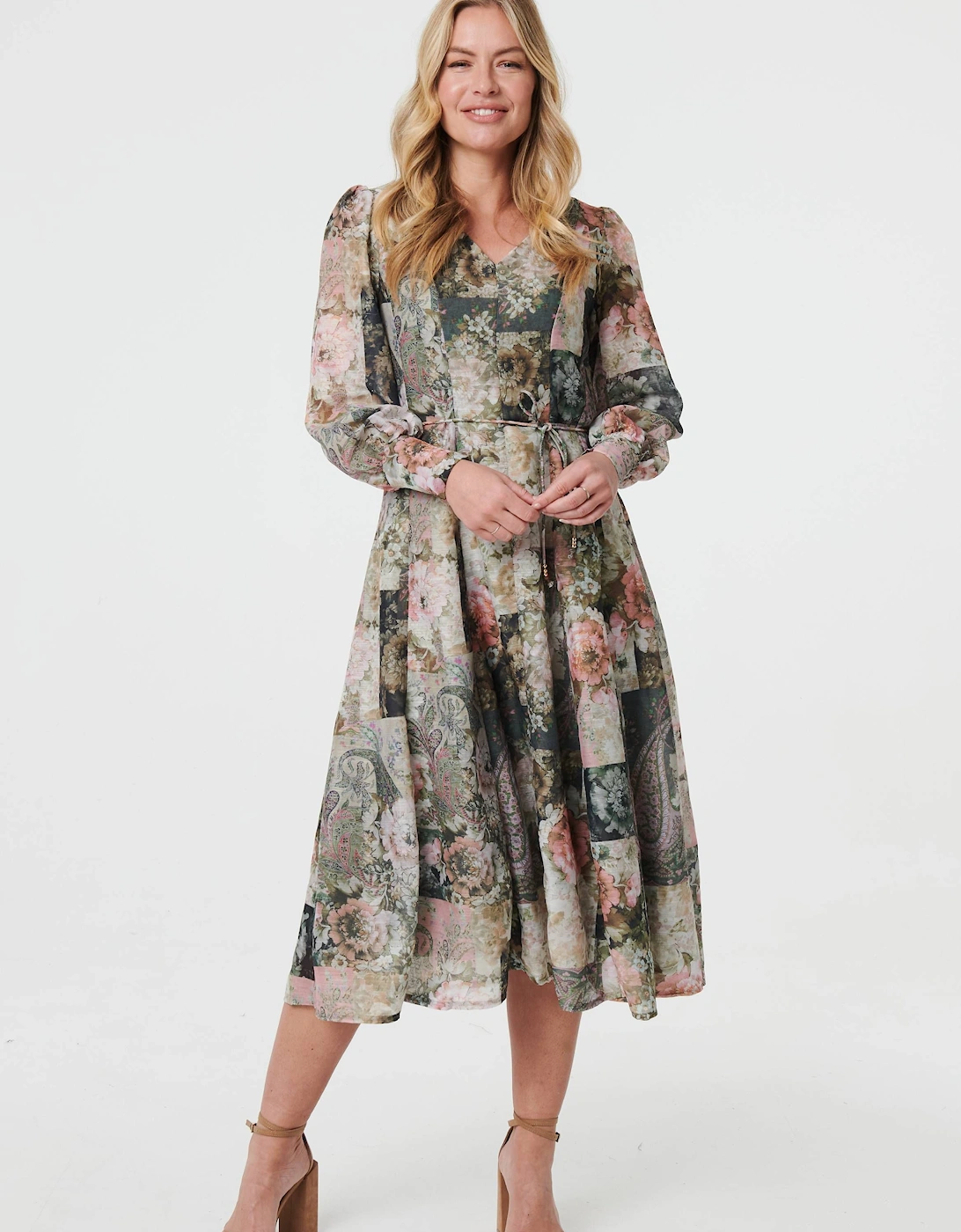 Patchwork Print Tie Waist Midi Dress, 2 of 1