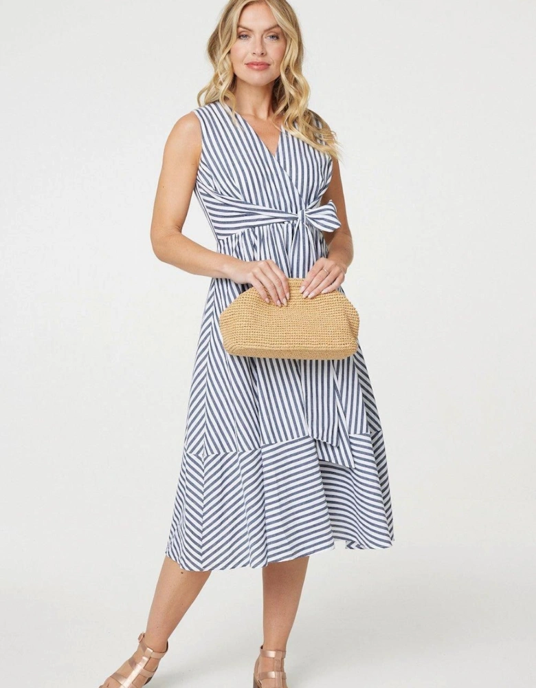 Striped Tie Waist Tiered Midi Dress