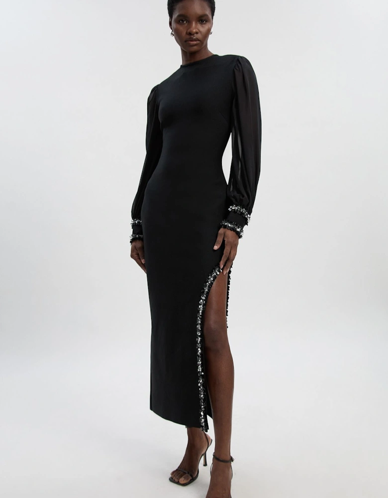 Embellished Figure Form And Chiffon Sleeve Midi Dress