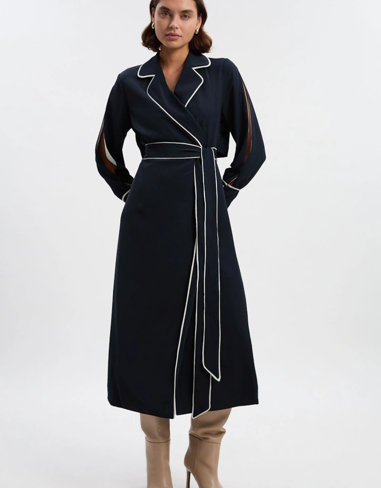 Contrast Tipping Tie Waist Long Sleeve Woven Trench Midi Dress