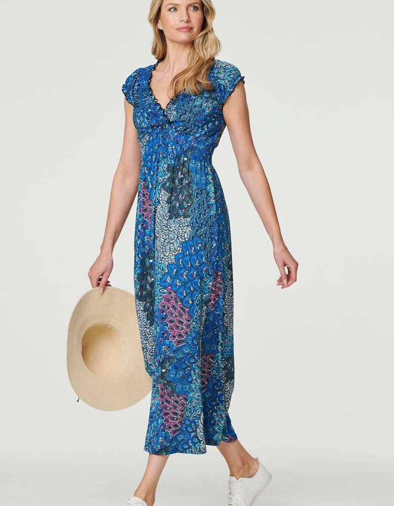 Peacock Print V-Neck Maxi Dress