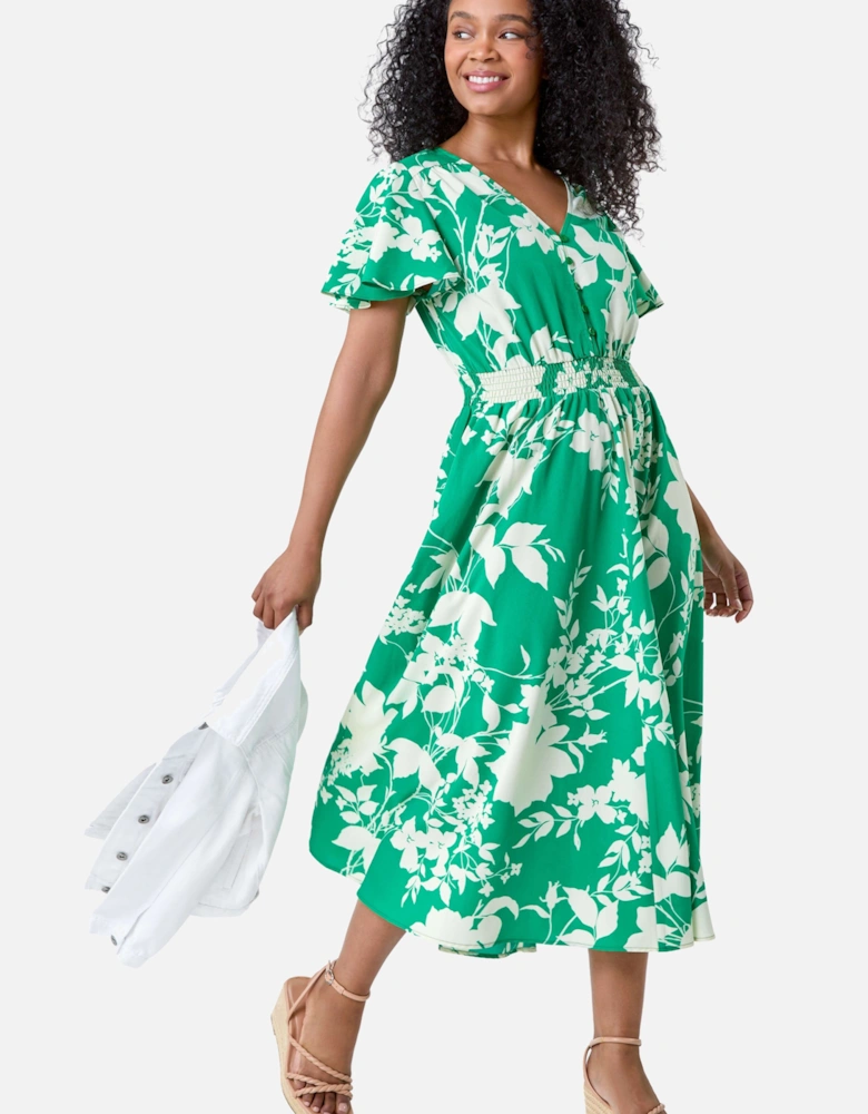 Petite Leaf Print Shirred Midi Dress