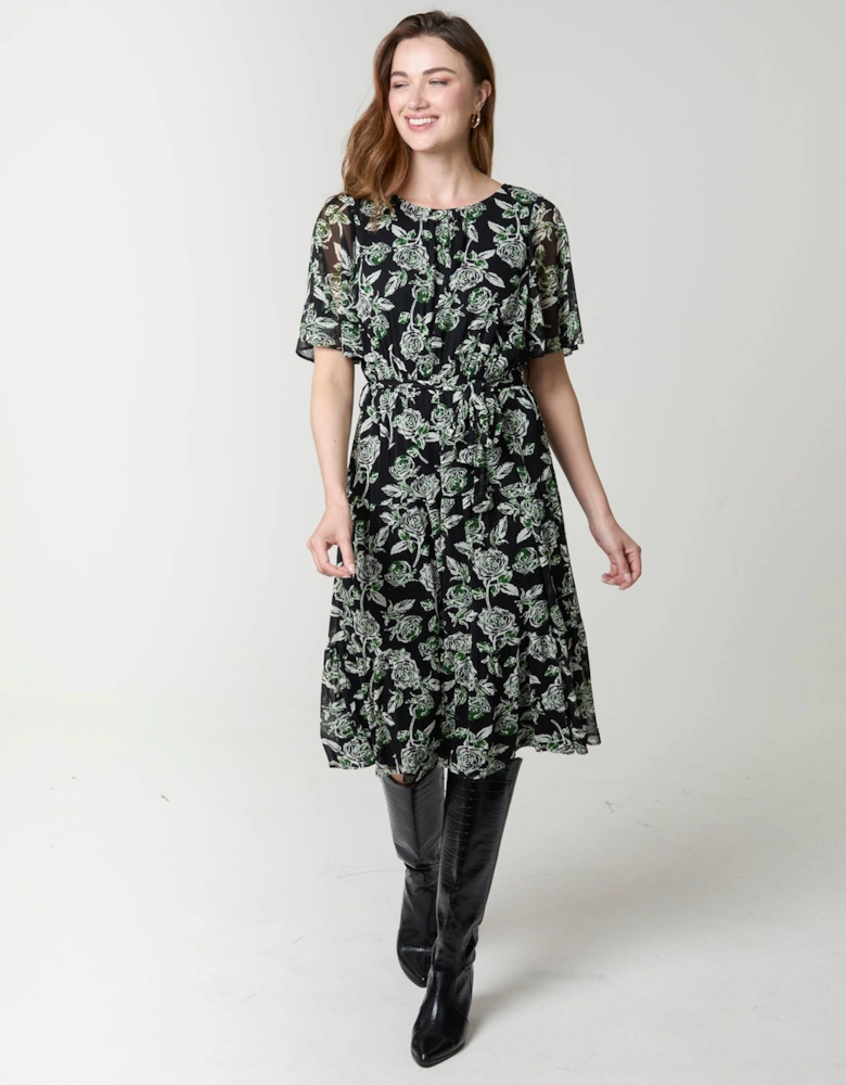 Black Floral Crew Neck Mesh Midi Dress