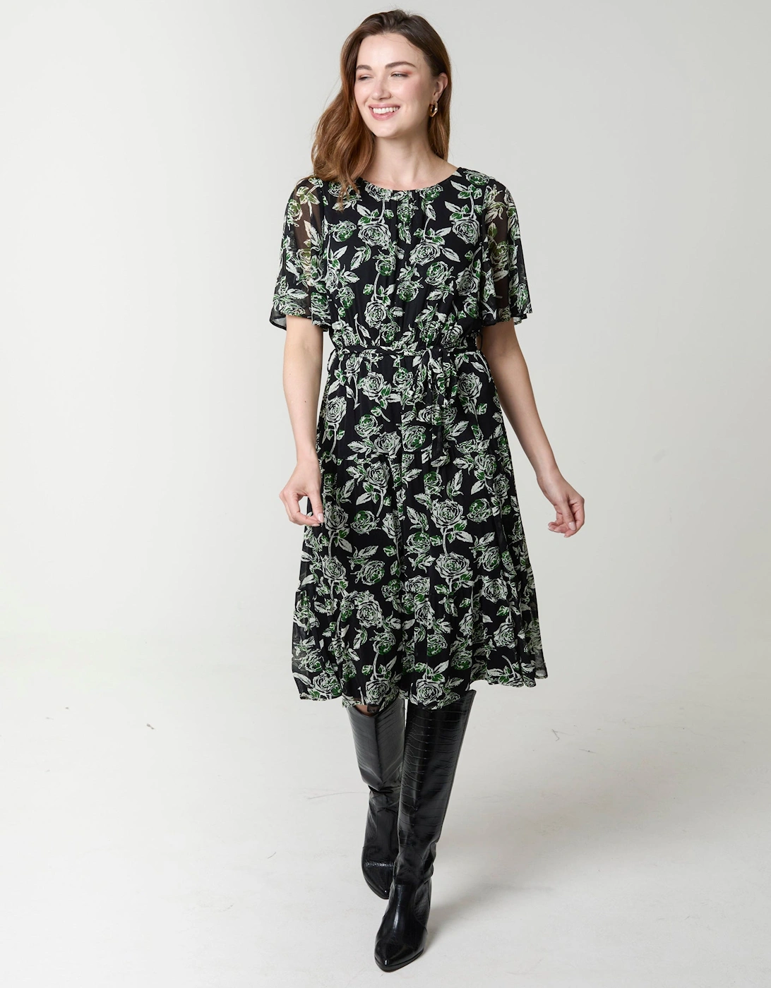 Black Floral Crew Neck Mesh Midi Dress, 2 of 1