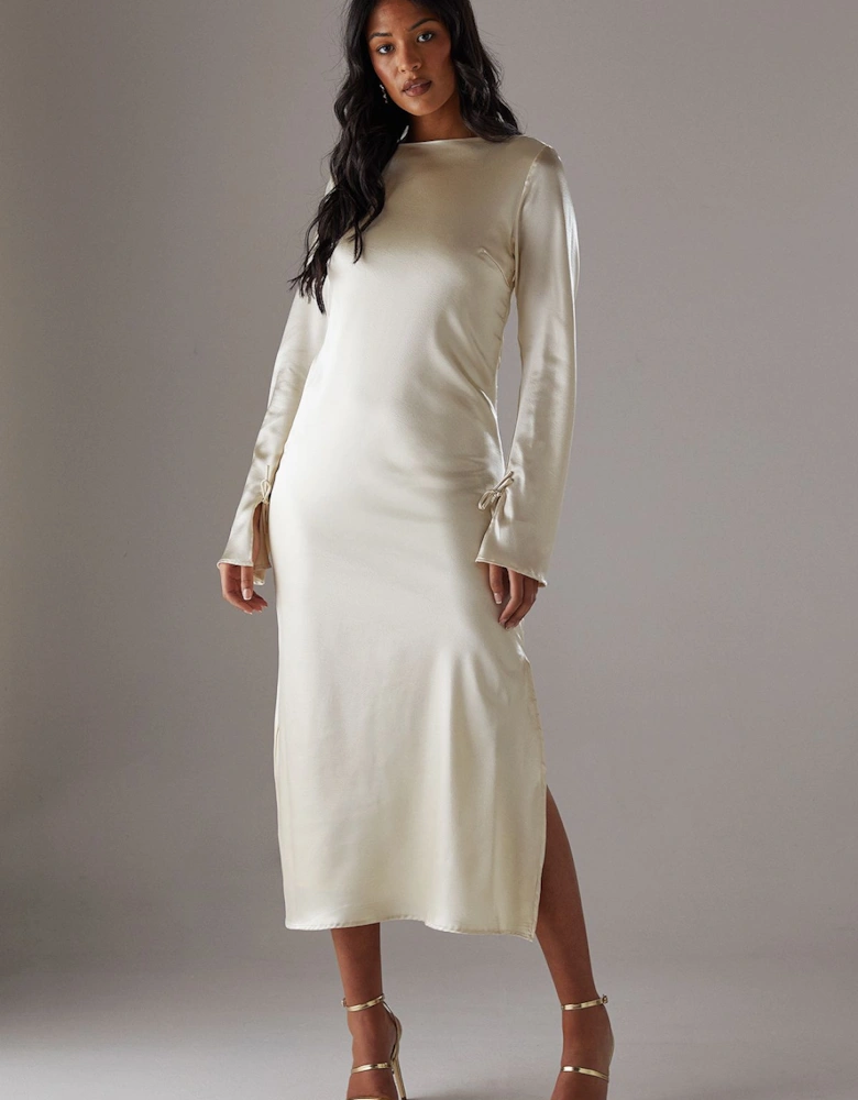 Crinkle Satin Bias Tie Sleeve Midi Dress