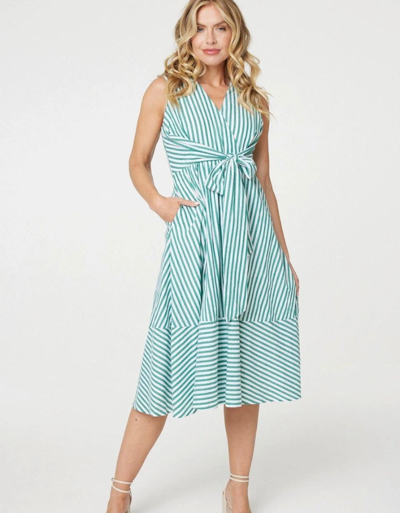 Striped Tie Waist Tiered Midi Dress