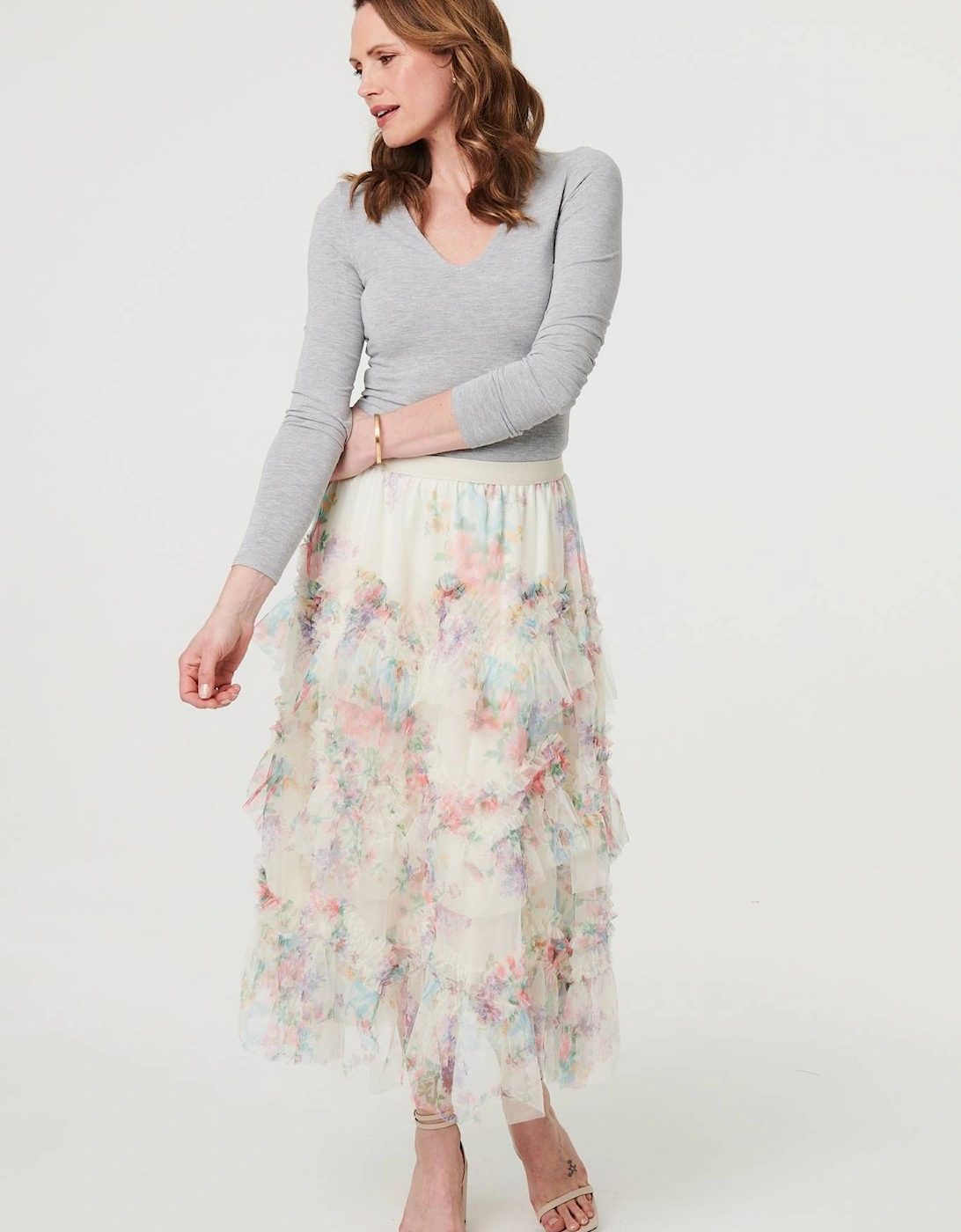 Floral Semi Sheer Mesh Ruffled Midi Skirt, 2 of 1