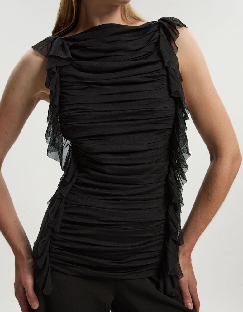 Bandage Mesh Gathered Ruffle Knit Top