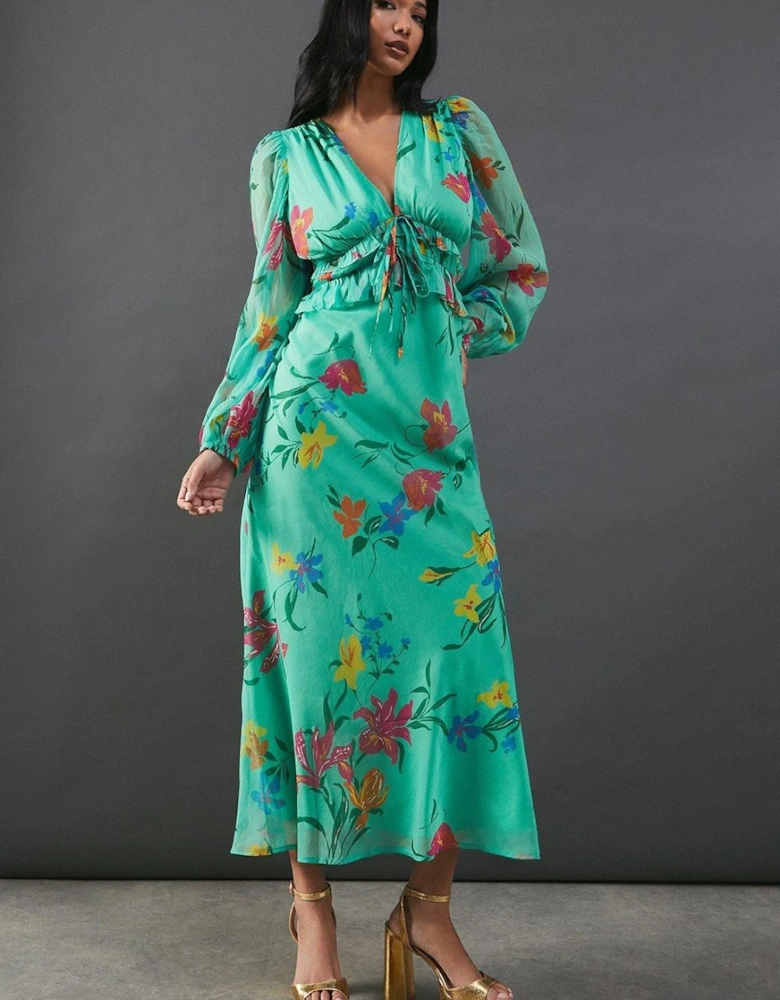 Chiffon Floral Ruffle Midi Tea Dress