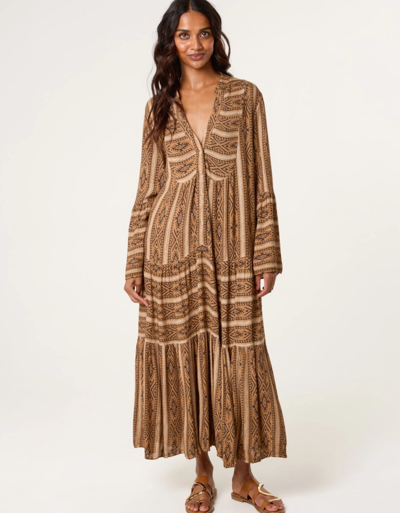 Brown V Neck Aztec Smock Dress