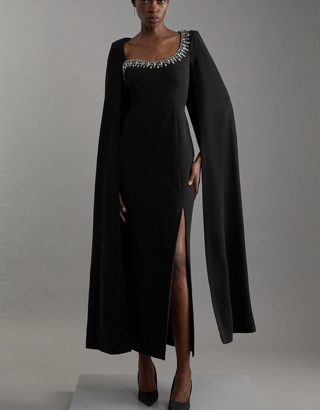 Petite Crystal Embellished Viscose Crepe Woven Cape Maxi Dress, 2 of 1