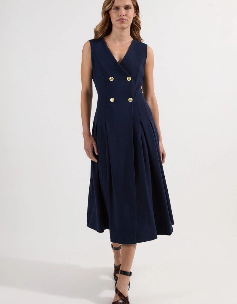 Compact Stretch Sleeveless Full Skirted Button Front Tailored Midi Dress