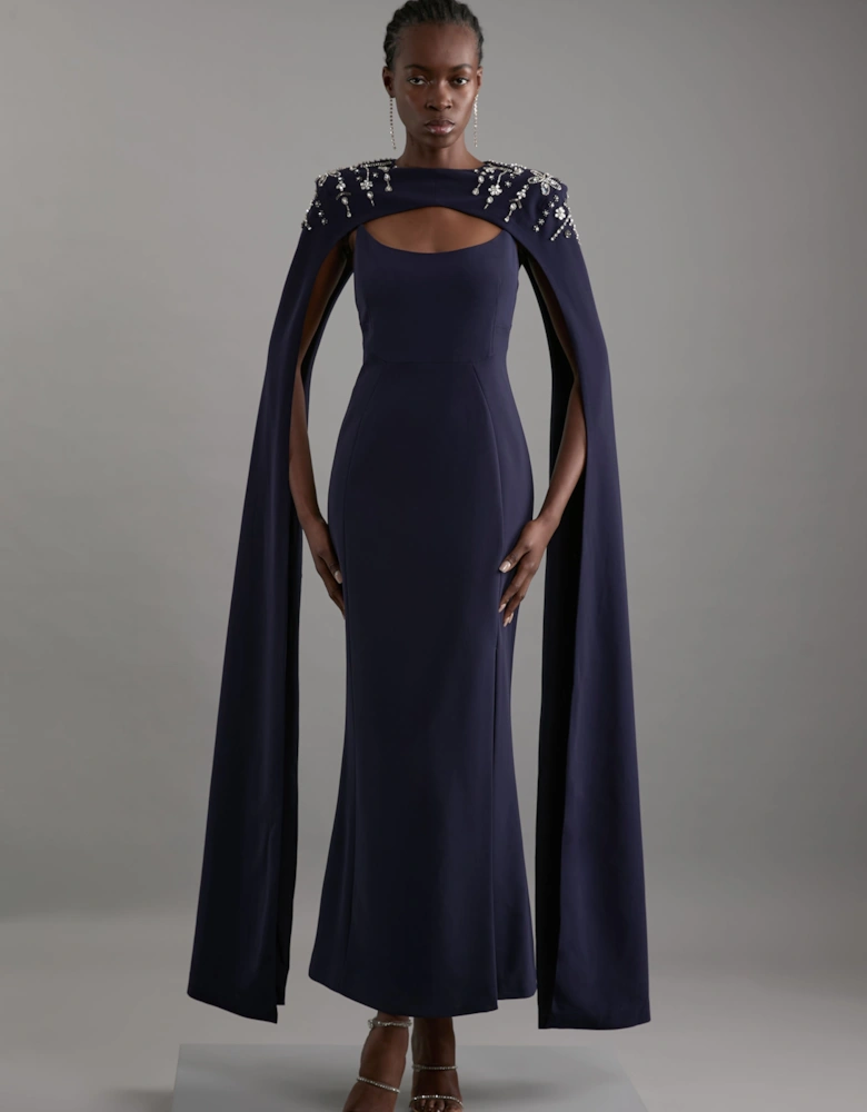 Crystal Embellished Viscose Crepe Maxi Dress With Detachable Cape
