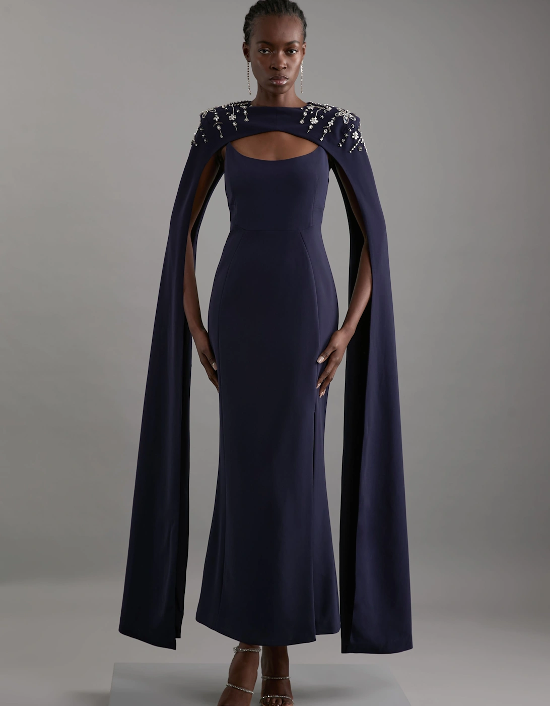 Crystal Embellished Viscose Crepe Maxi Dress With Detachable Cape, 2 of 1