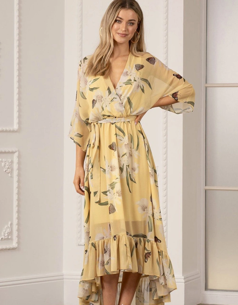 Yelloa Floral Kimono Sleeves Dip Hem Wrap Midi Dress