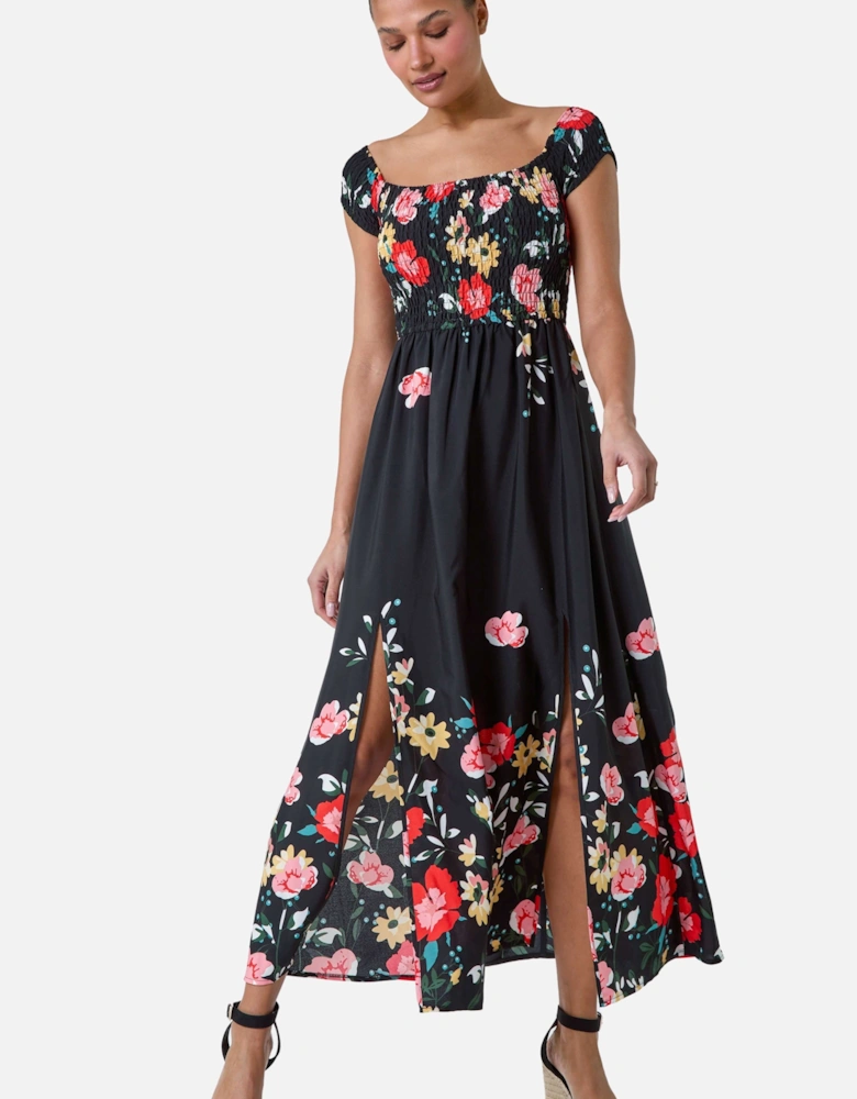 Floral Shirred Bardot Stretch Maxi Dress