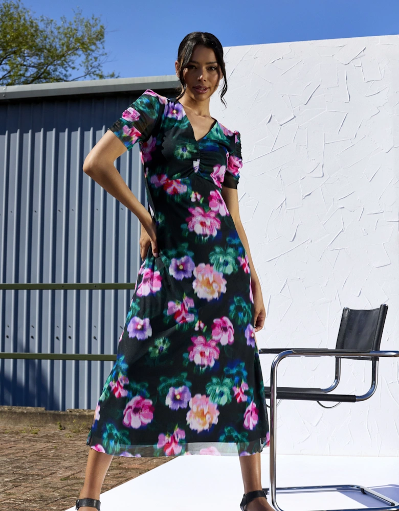 Anna Floral Print Mesh Maxi Dress
