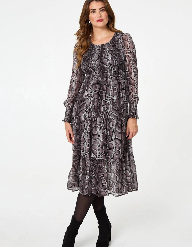 Snake Print Smocked Midi Tiered Dress