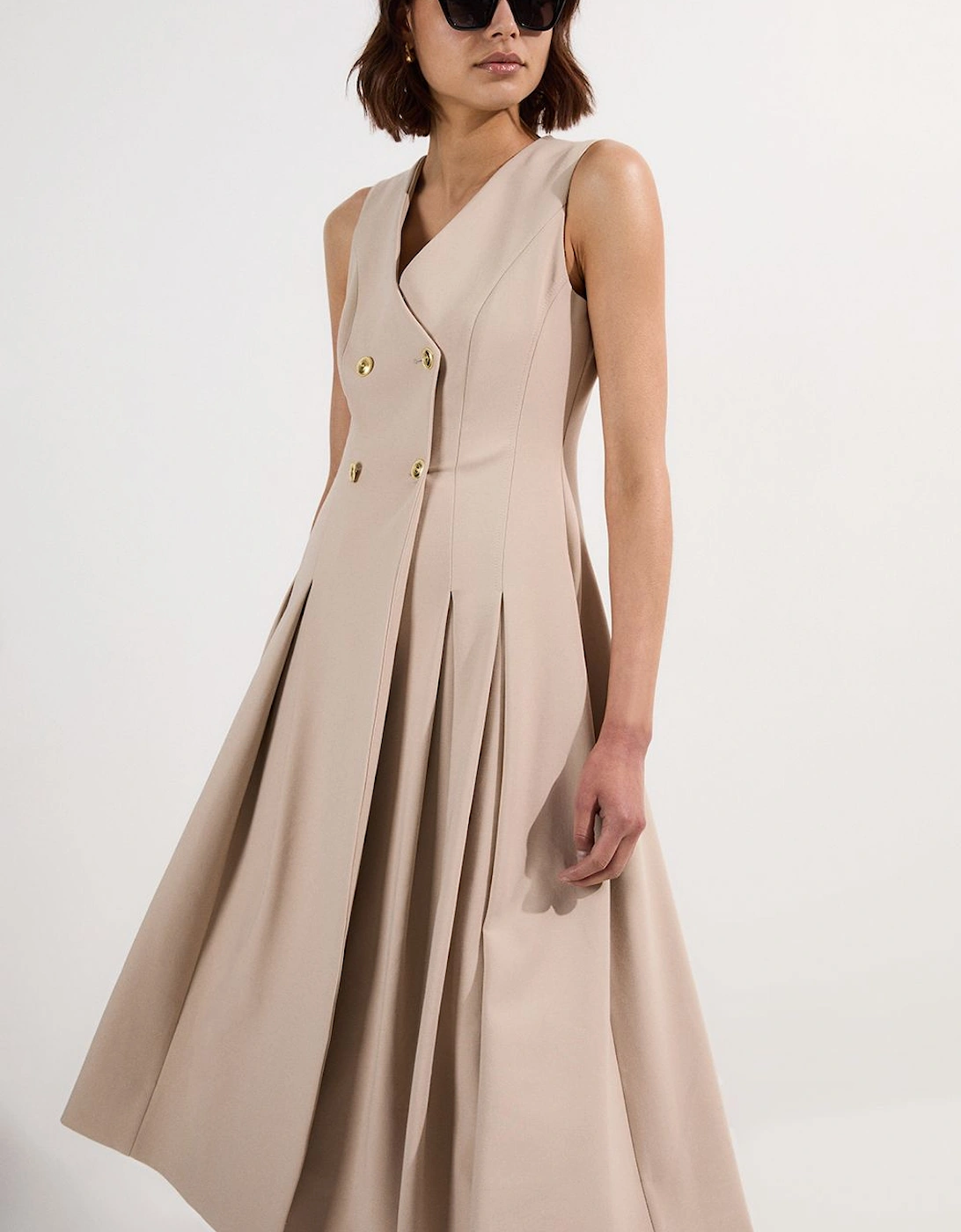 Compact Stretch Sleeveless Full Skirted Button Front Tailored Midi Dress, 2 of 1