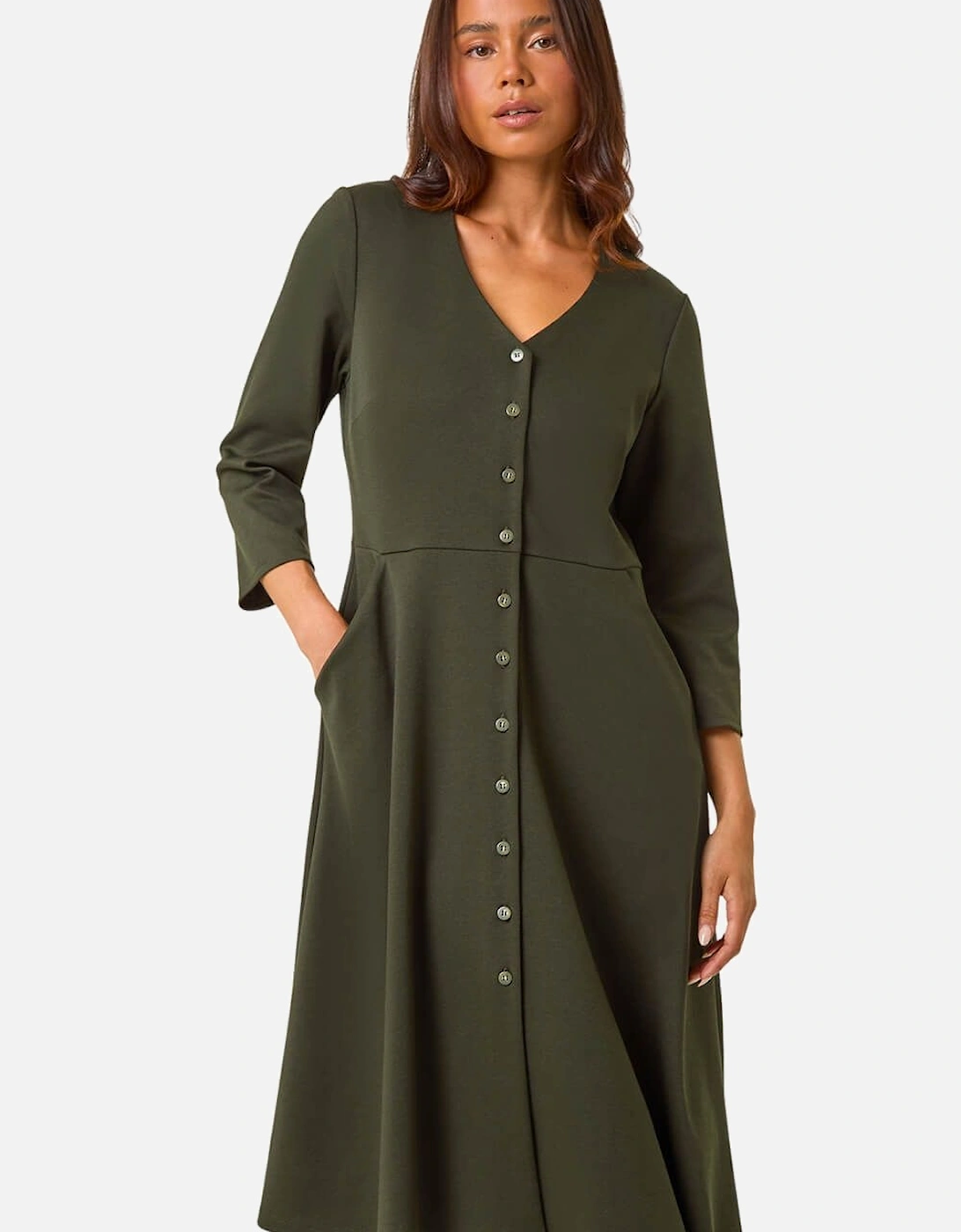 Petite V-Neck Button Detail Stretch Dress, 2 of 1
