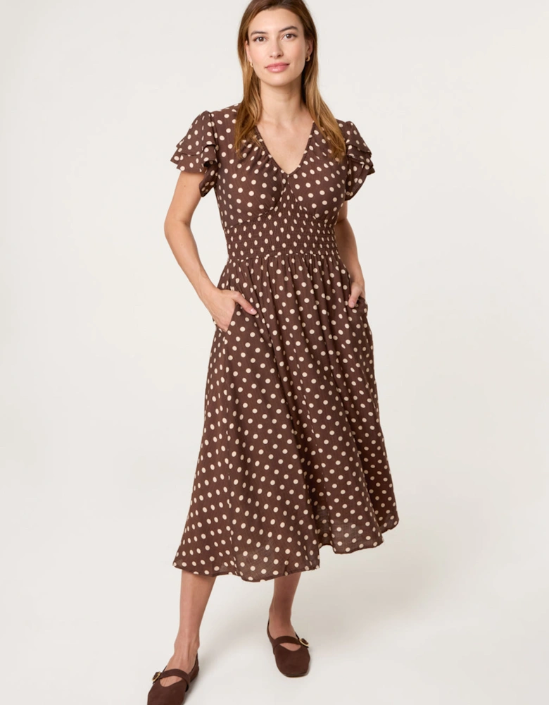 Brown Polka Dot Double Frill Shirred Midi Dress