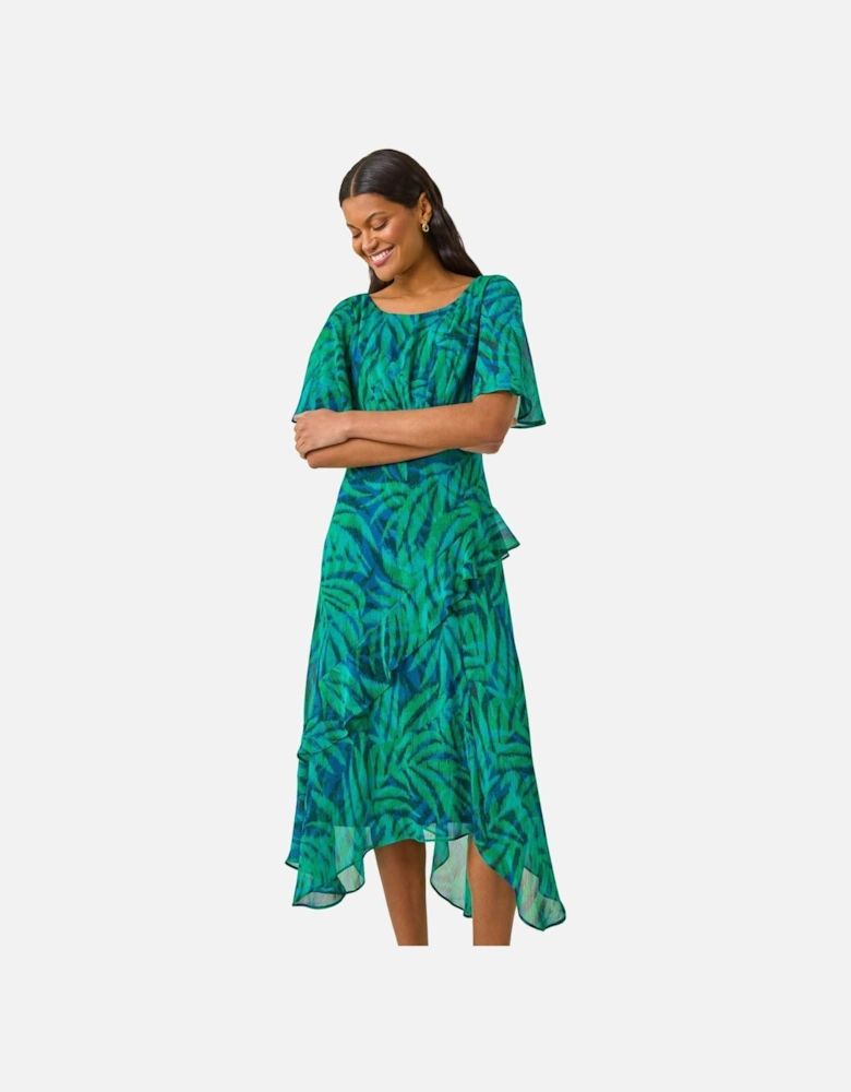Leaf Print Chiffon Frill Midi Dress