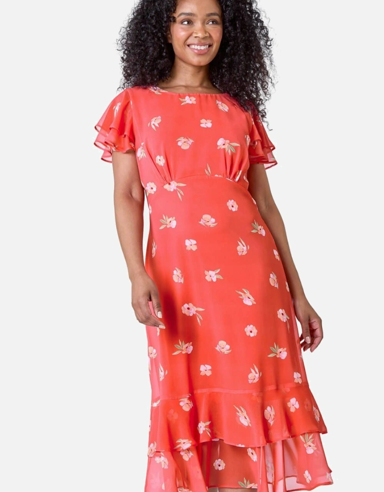 Petite Floral Chiffon Frill Tiered Midi Dress
