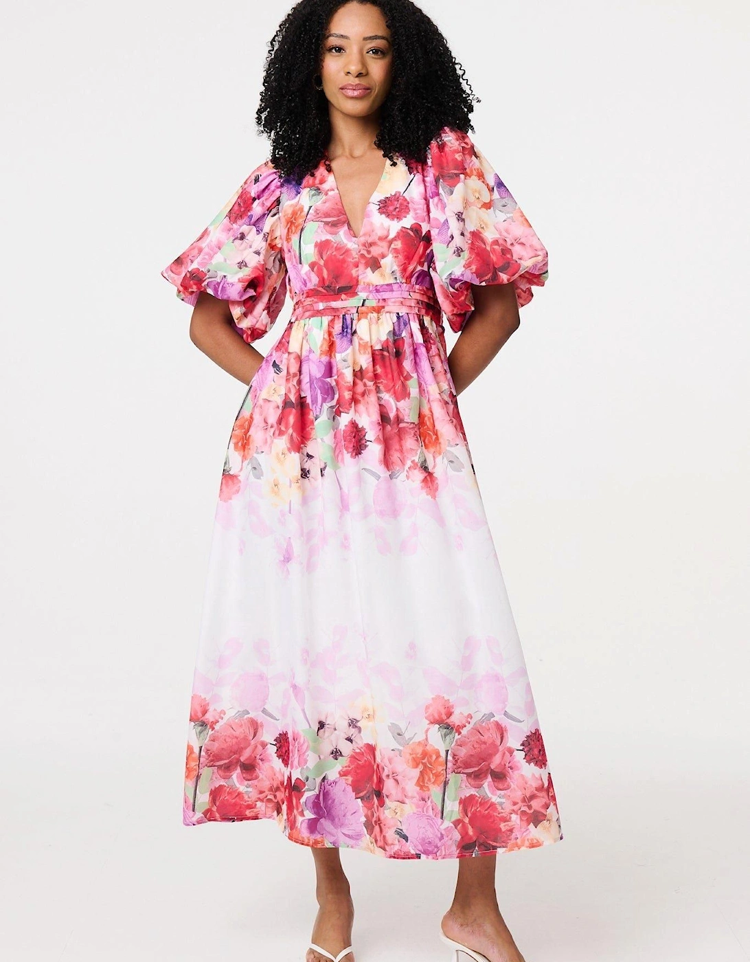 Floral Print 1/2 Angel Sleeve Midi Dress, 2 of 1