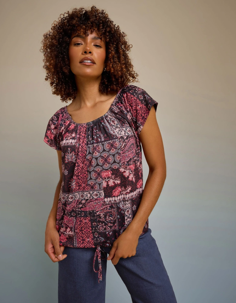 Mixed Print Tie Front Top