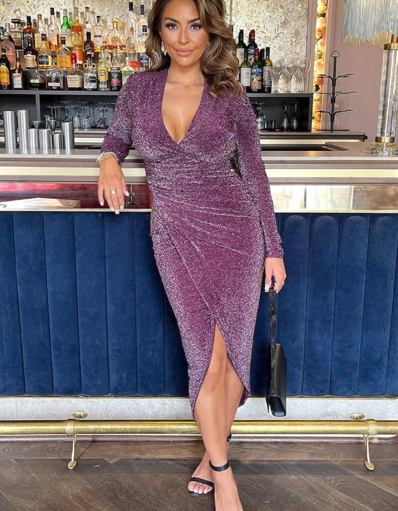 Plum Sparkle Long Sleeve Draped Waist Wrap Midi Dress