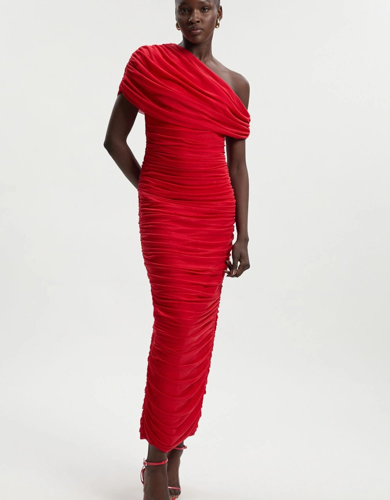 Bandage Mesh Gathered Asymmetric Neck Knitted Maxi Dress