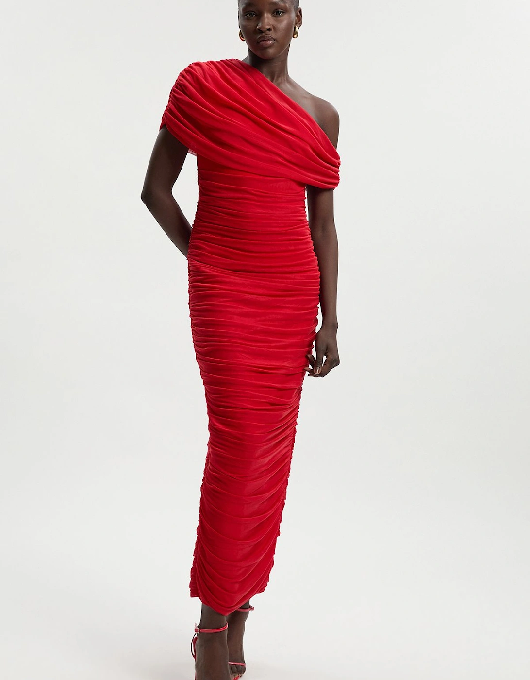 Bandage Mesh Gathered Asymmetric Neck Knitted Maxi Dress, 2 of 1