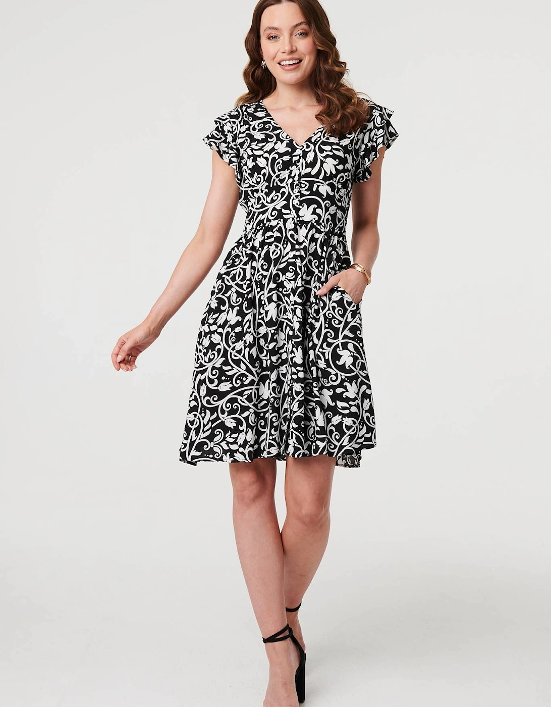 Printed Cap Sleeve Short Skater Dress, 2 of 1