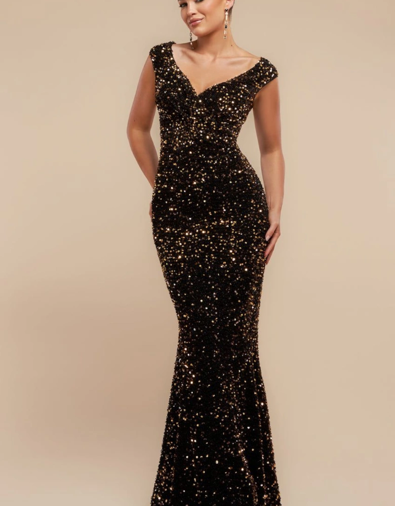 Multi Sequin & Velvet Bardot Maxi