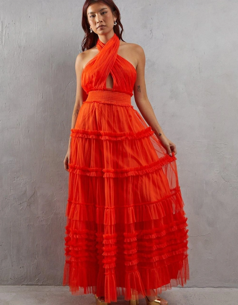 Tulle Halter Shirred Waist Tier Maxi Dress