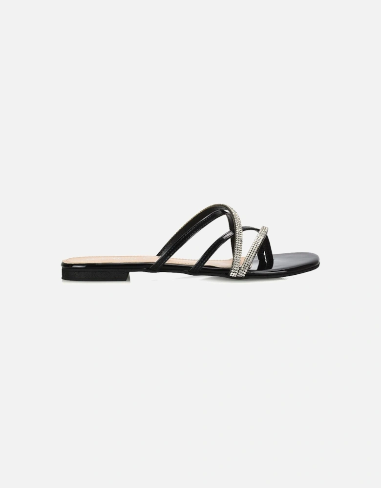 'Loretta' Cross Over Strappy Slip On Flat Diamante Sandals