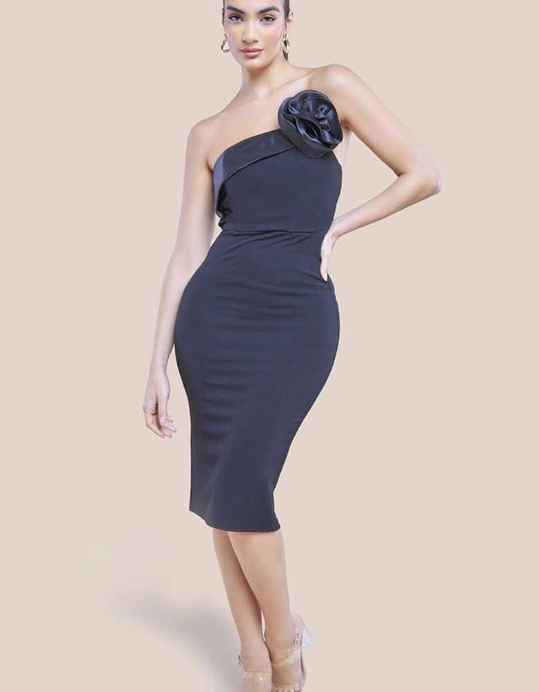 Satin Corsage Scuba Crepe Midi Dress