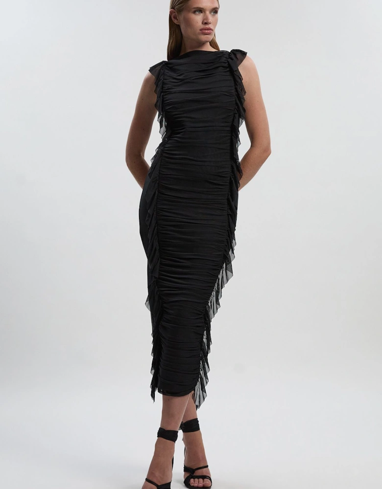 Bandage Mesh Gathered Ruffle Knitted Maxi Dress